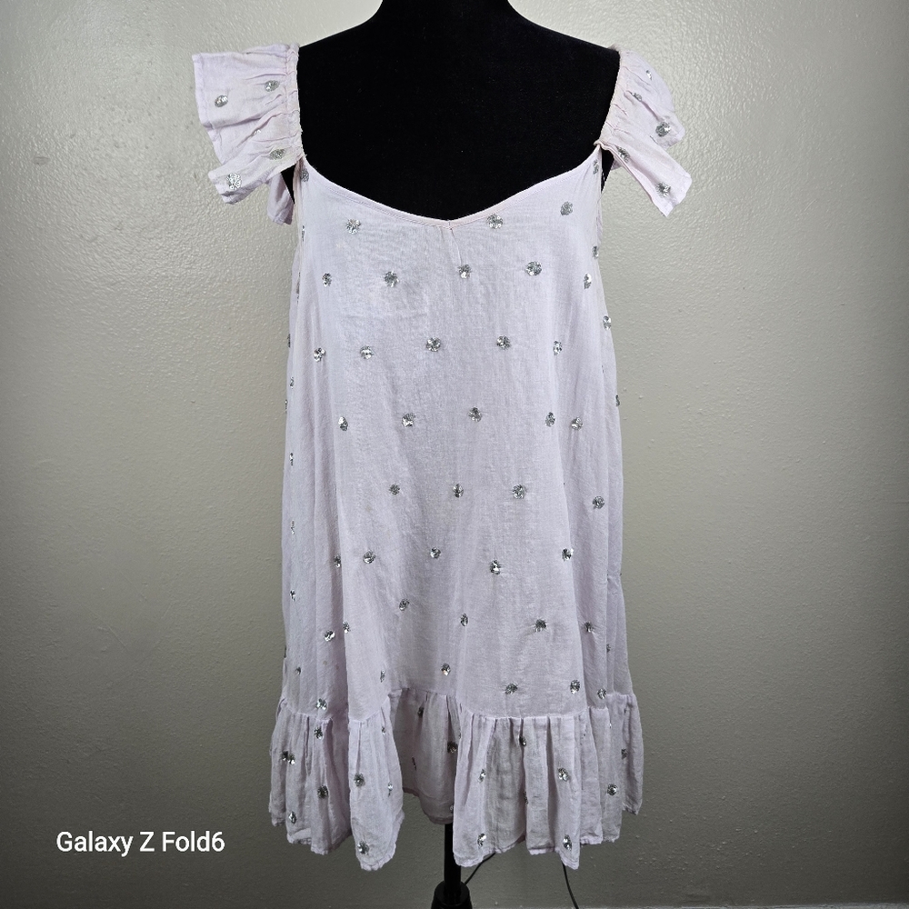 Sundress Mini Dress Womens XS/S Lavender Fair Sequin Pom Pom Boho Gauze